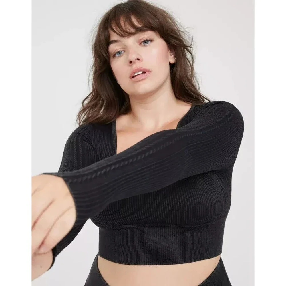 OFFLINE Aerie Seamless Cable Cropped Top XL Black Acid Wash Ribbed Square Neck